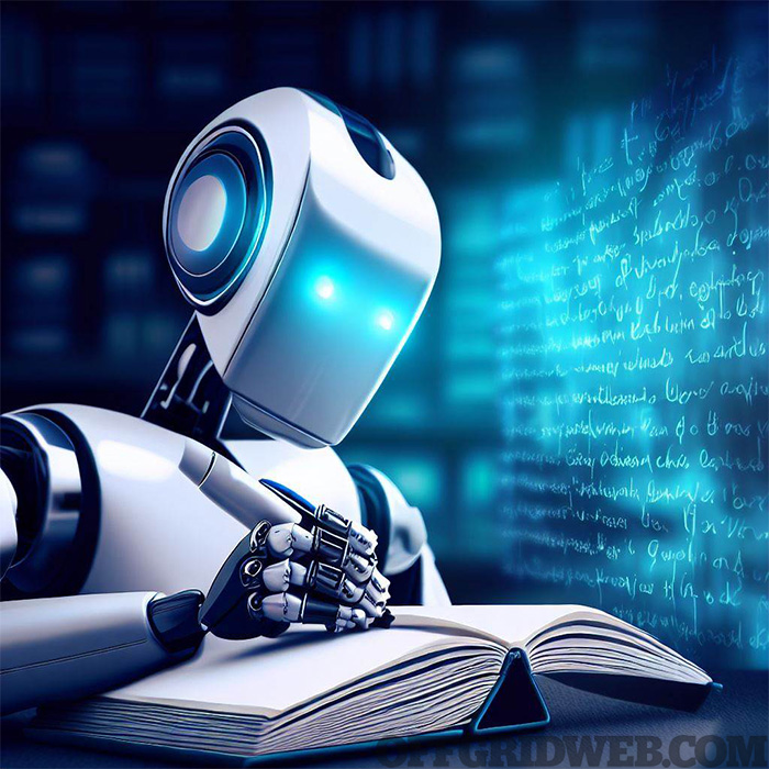 AI robot writing a book.