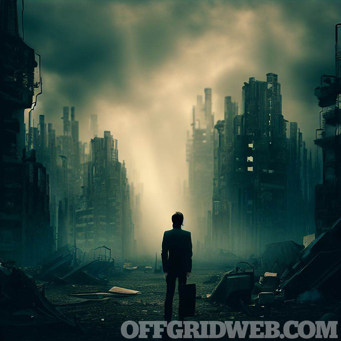 Digital art of a man standing in a ruined city after society's collapse.