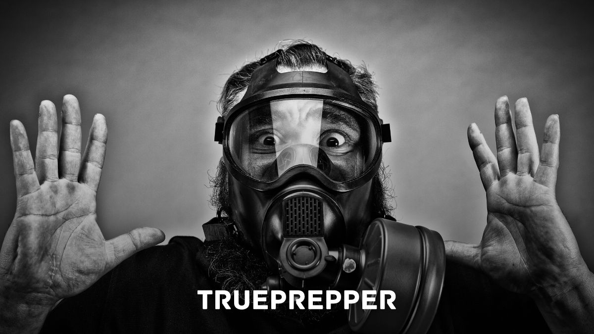 Prepper acting surprised in a gas mask