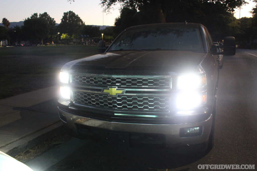 Photo of the headlights of a chevy silverado 1500 after the benefits of LED vehicle lighting.