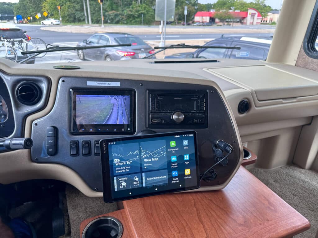 Garmin RV GPS unit mounted on dash