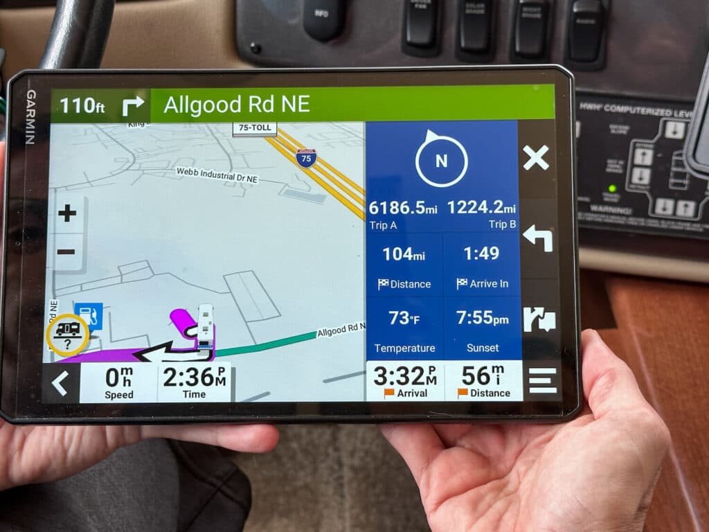 Driving directions in Garmin 1095 RV GPS unit