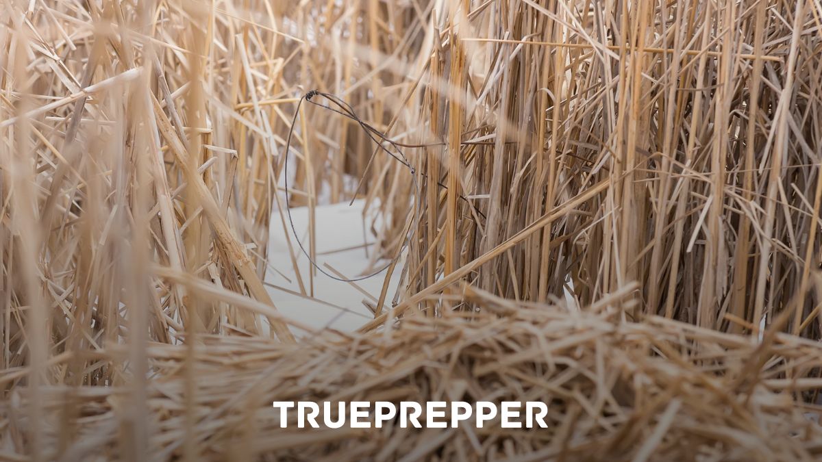 A snare wire trap positioned in tall grass in a small animal run.