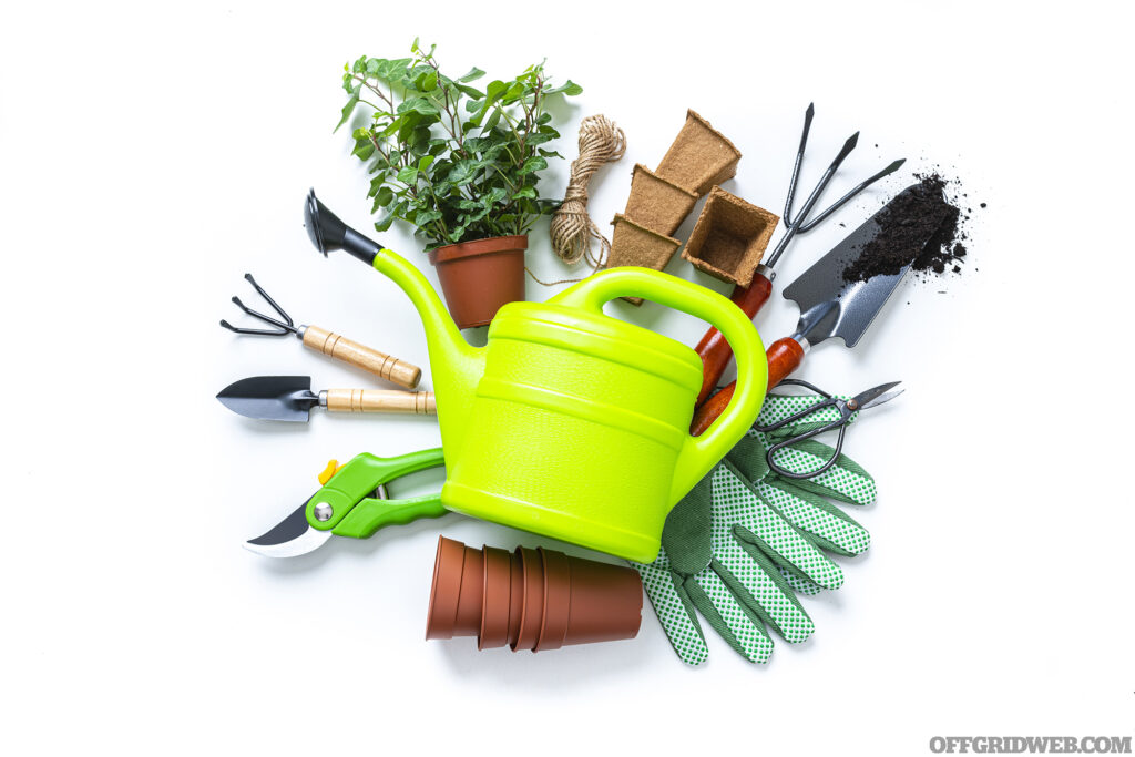 Home gardening tools: overhead view of green gardening equipment isolated on white background. A pot with ivy plant complete the composition.