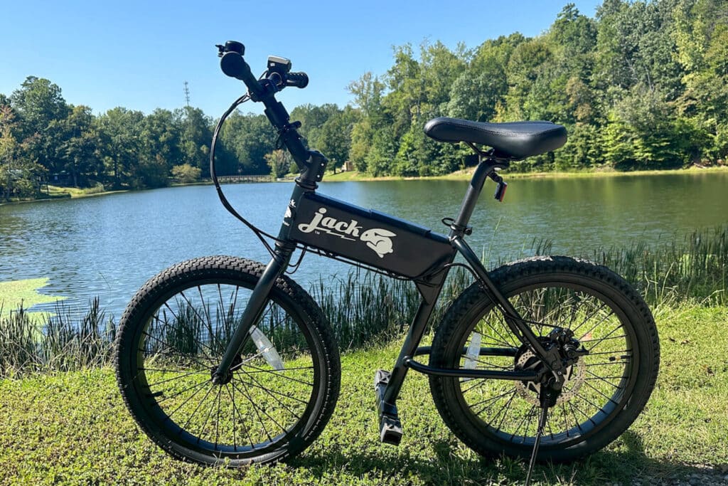 JackRabbit ebike with kickstand down by water