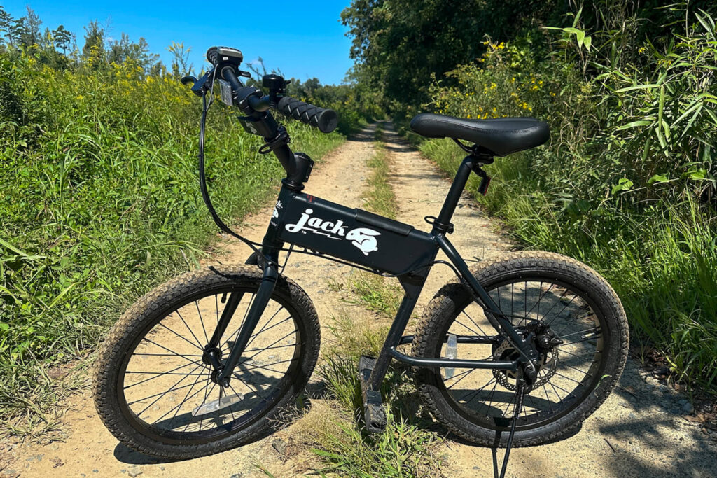 Bike set on dirt path for Jackrabbit ebike review