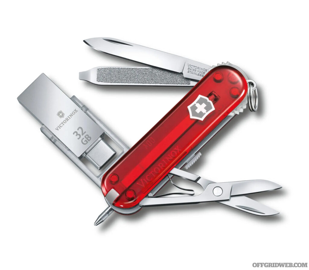 Studio photo of a Victorinox Swiss Army Knife with a USB thumb drive included as one of the tools.