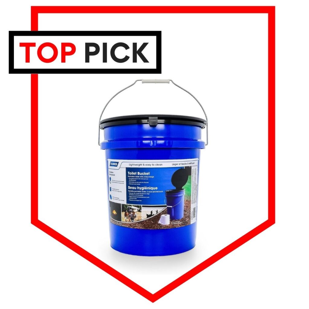 Camco portable toilet bucket with handle and seat as our top pick in the review.