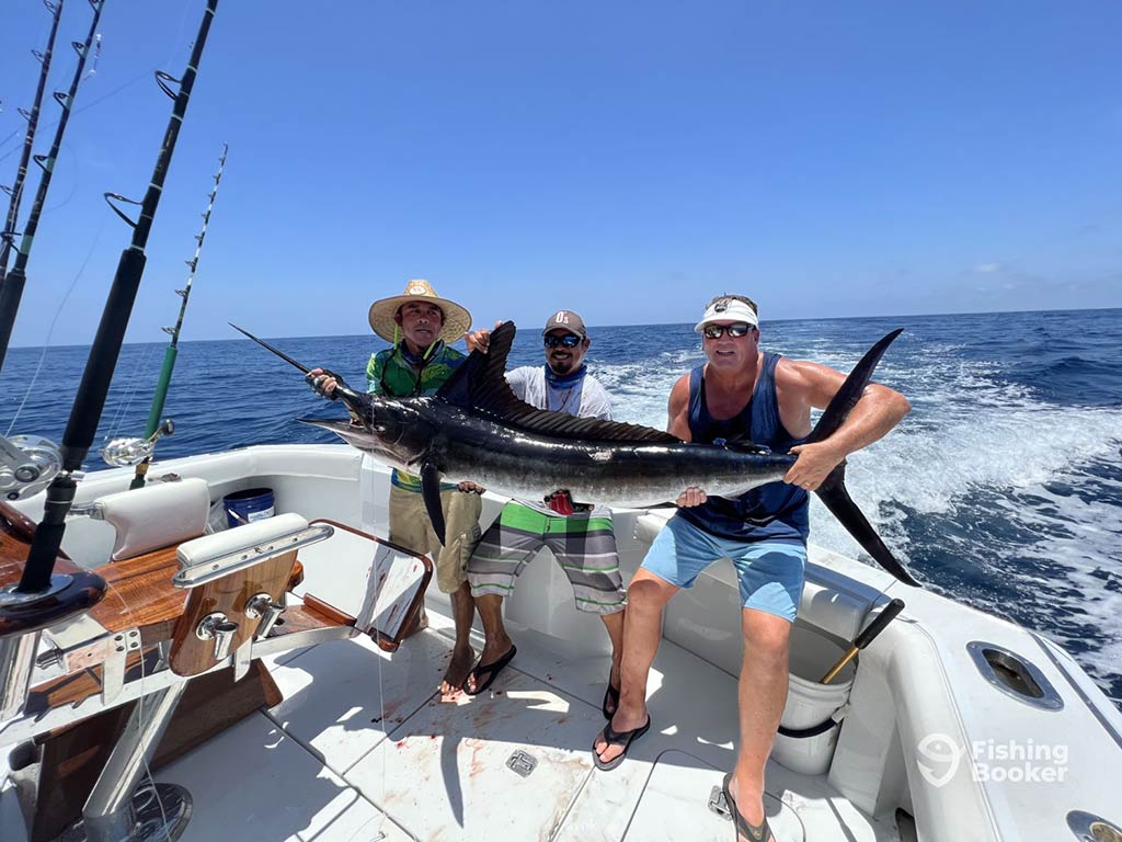 Three anglers sitting on the deck of an offshore sportfishing charter in San Jose Del Cabo on a sunny day with a large Striped Marlin across their laps