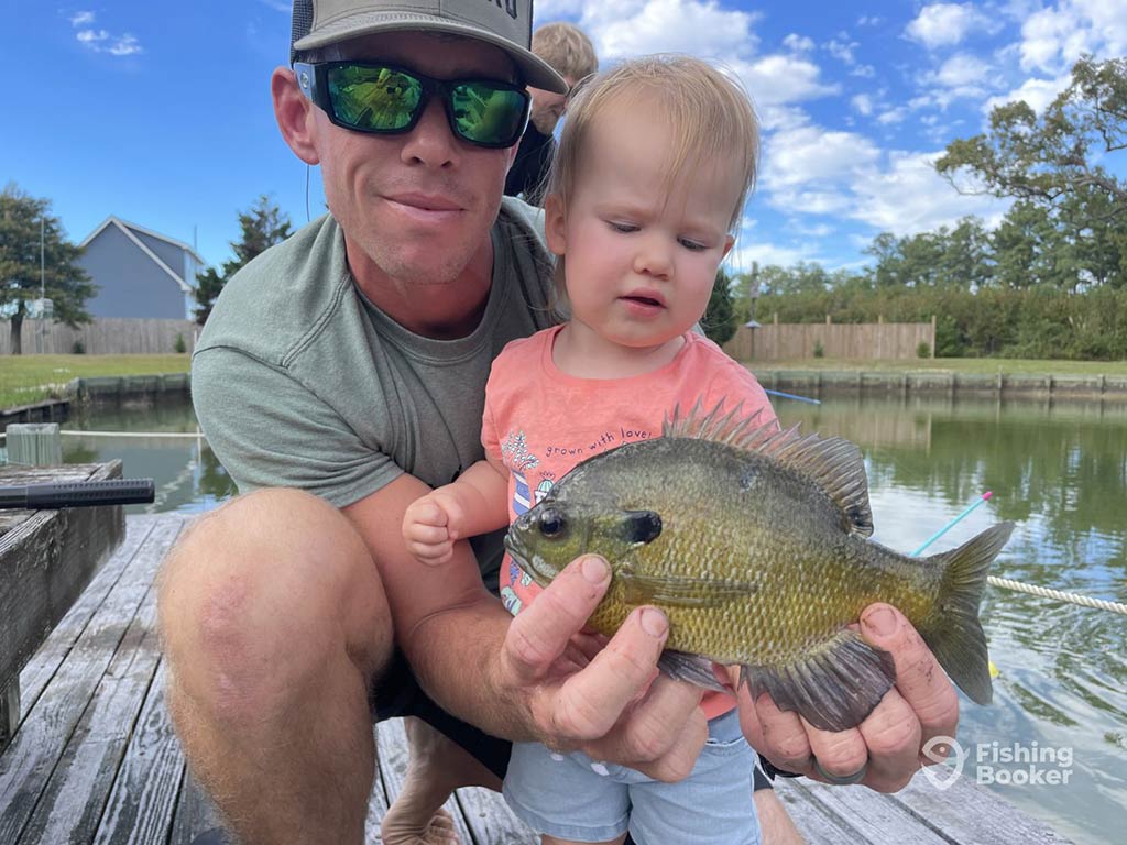 A man in a baseball cap and sunglasses with his arms around a young girl and holding a small Bluegill fish on a day with sunny intervals