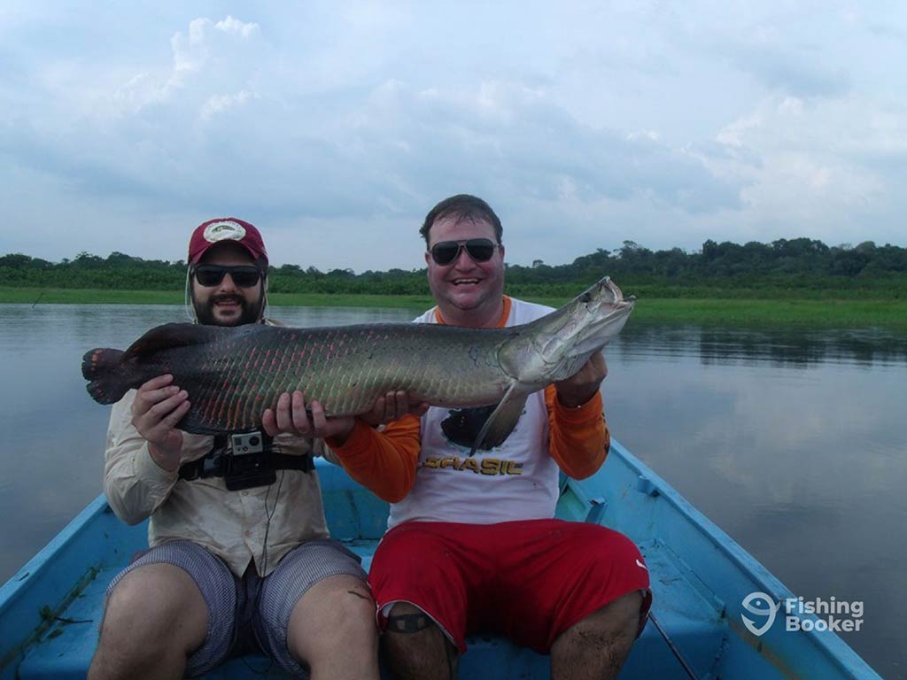 Two men sitting on a fishing boat in the Amazon on a cloudy day and holding an Arapaima fish, with land visible behind them in the distance across murky waters