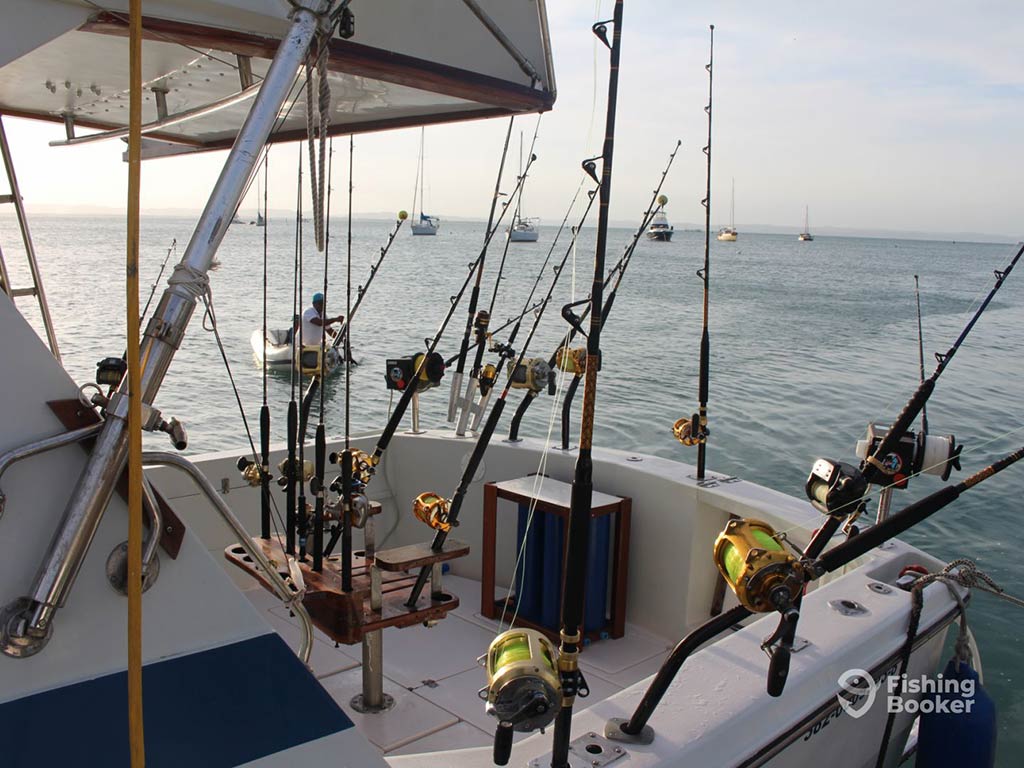 A view of the deck of a fishing charter in Brazil, with numerous trolling rods set up for going after big game species