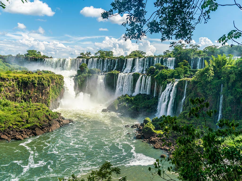 An aerial view looking towards the Iguazu Falls, as seen from Brazil on a clear day with the waterfalls visible in the distance and a tree hanging over the top of the image