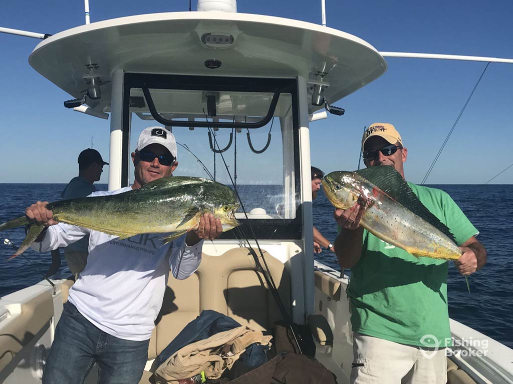 Two men standing aboard a center console fishing charter in Calabash, with both holding a Mahi Mahi each on a clear day with two other men visible behind them