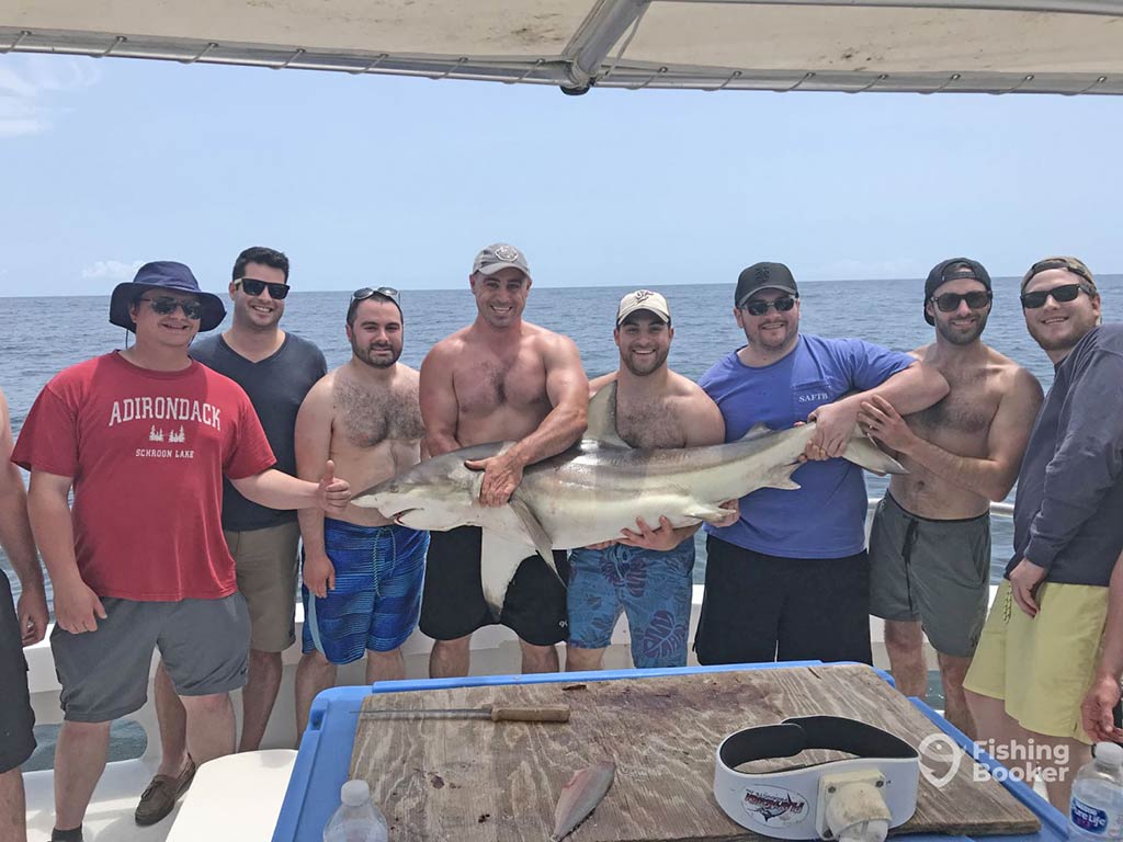 A group of seven male anglers aboard a fishing charter in Calabash, NC, holding a large Shark between them with the water visible behind them on a bright day