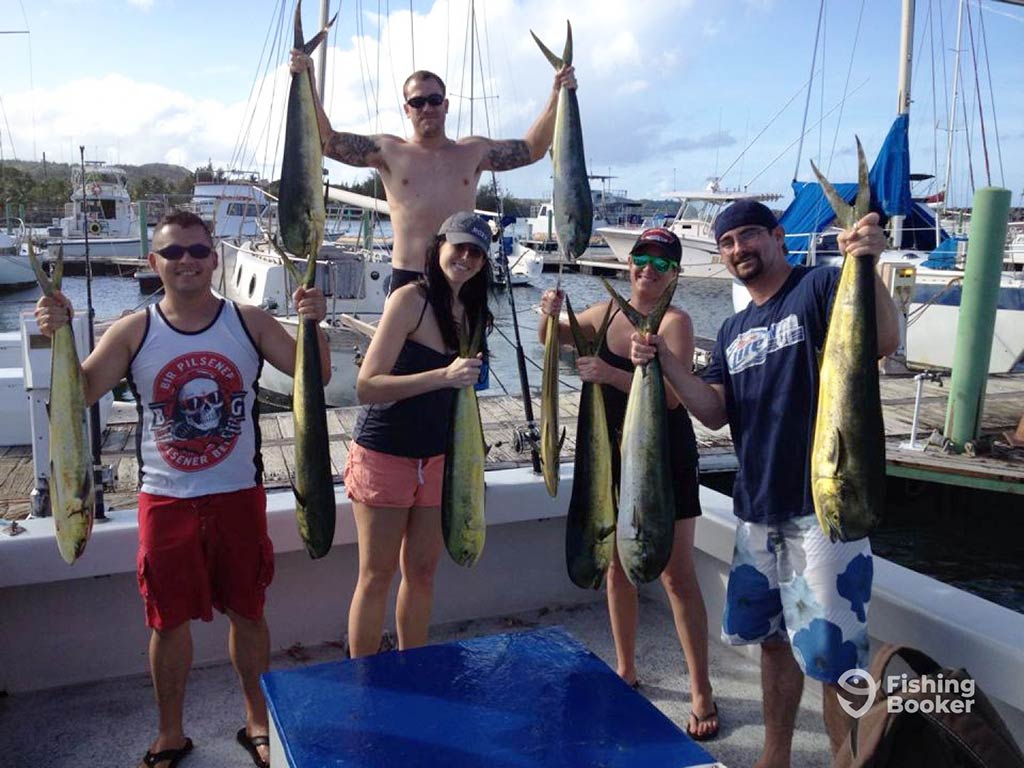 A group of three male and two female anglers back at the dock after a successful fishing trip in Guam, with each holding a couple of Mahi Mahis