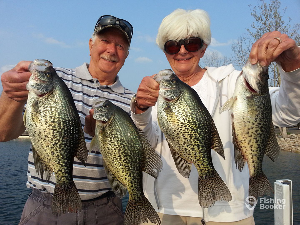 A man and a woman each holding two Black Crappies on a sunny day with a lake's water behind them