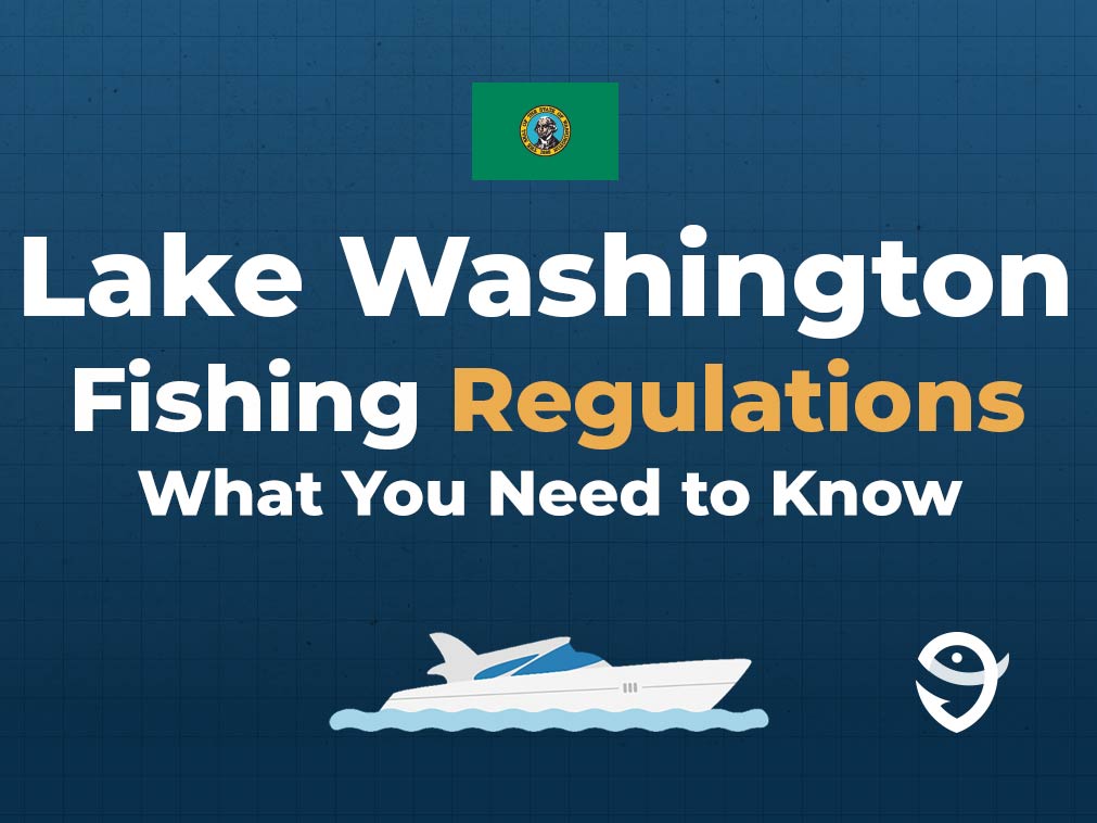 An infographic featuring the flag of Washington state, a vector of a boat, and the FishingBooker logo, along with text stating "Lake Washington Fishing Regulations: What You Need to Know" against a blue background