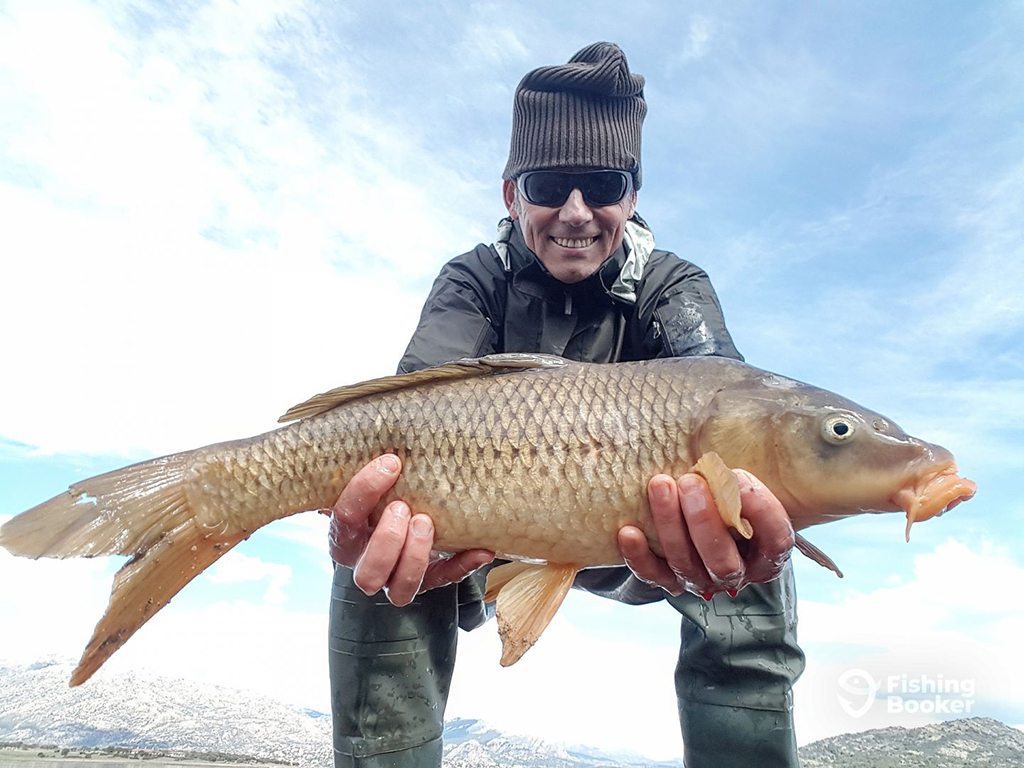 A pleased angler crouching and holding a Carp on a cold, sunny day with mountains in the background