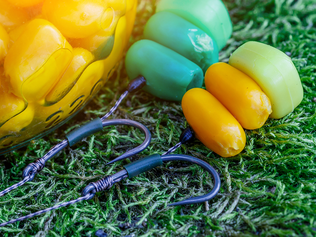 Artificial corn boilies attached to two fishing hooks visible on a natural-style background with a jar of corn to the left