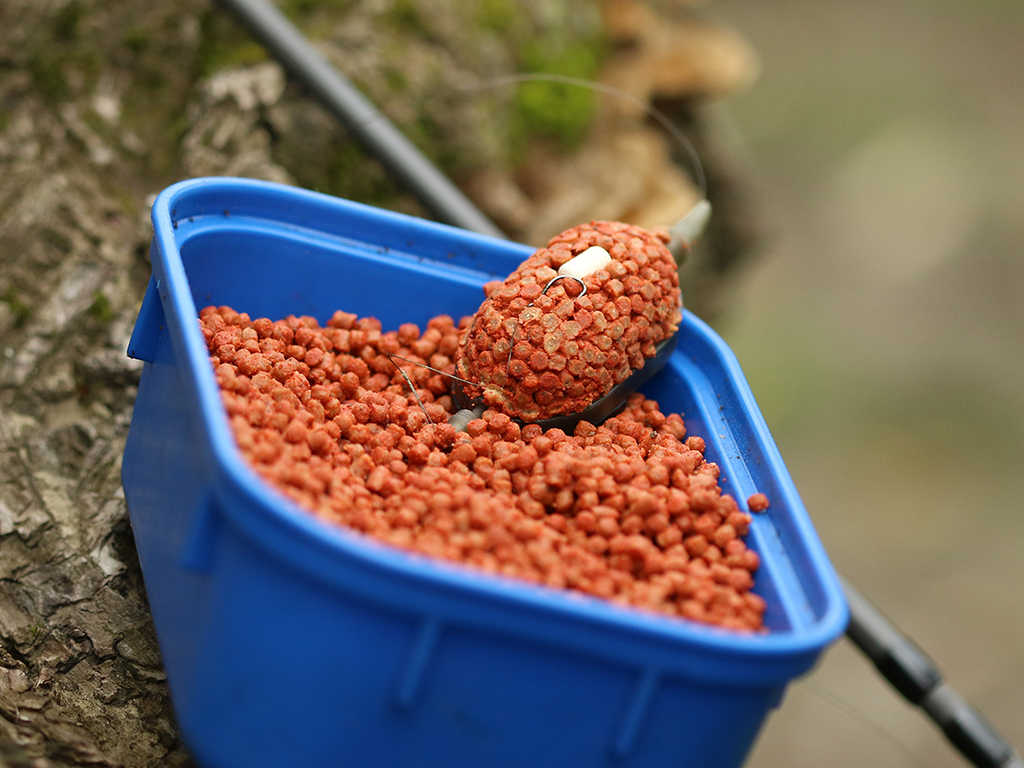 A blue tray filled with Carp pellets, with a bait feeder full of pellets sitting in the tray and a fishing rod in the background