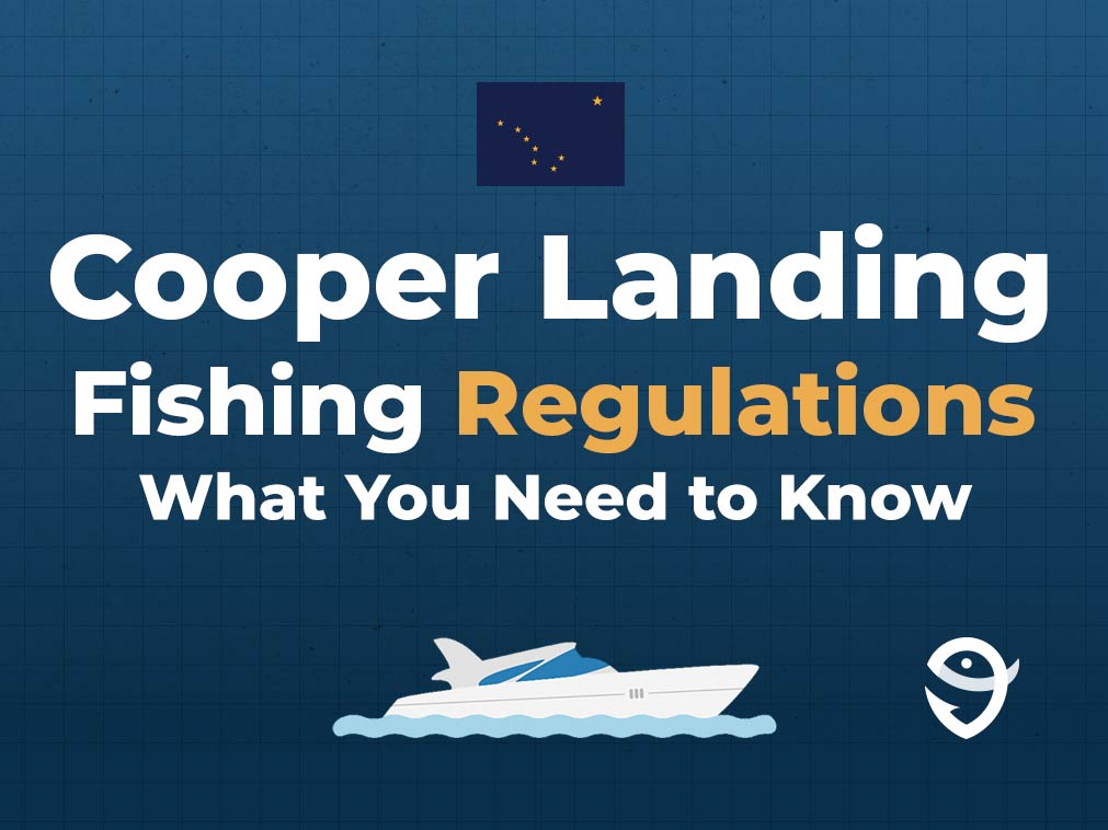 An infographic featuring the flag of Alaska, a vector of a boat, and the FishingBooker logo, along with text stating "Cooper Landing Fishing Regulations: What You Need to Know" against a blue background