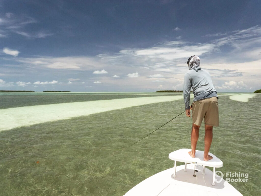 A male angler stands on a platform at the front of a flats fishing skiff as he looks out across the shallow waters of Key West with his rod pointing downwards and his line stretching across the water