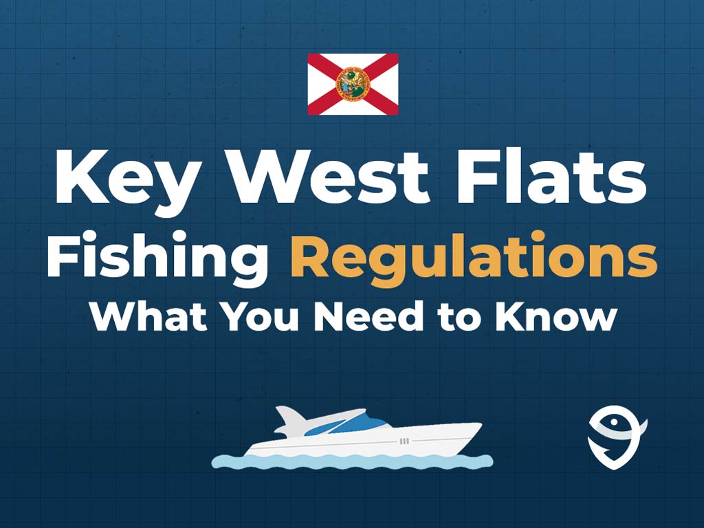 An infographic featuring the flag of Florida, a vector of a boat, and the FishingBooker logo, along with text stating "Key West Flats Fishing Regulations: What You Need to Know" against a blue background