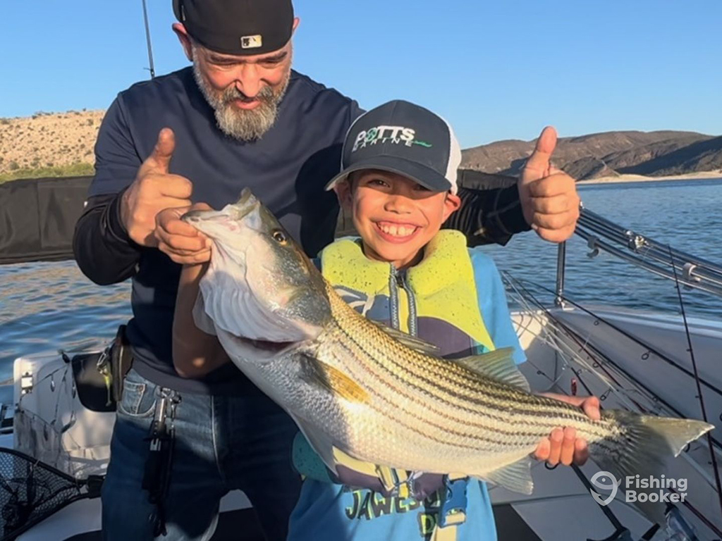 An Arizona fishing guide encourages a happy young boy holding a Striped Bass on a boat on a lake on a clear day