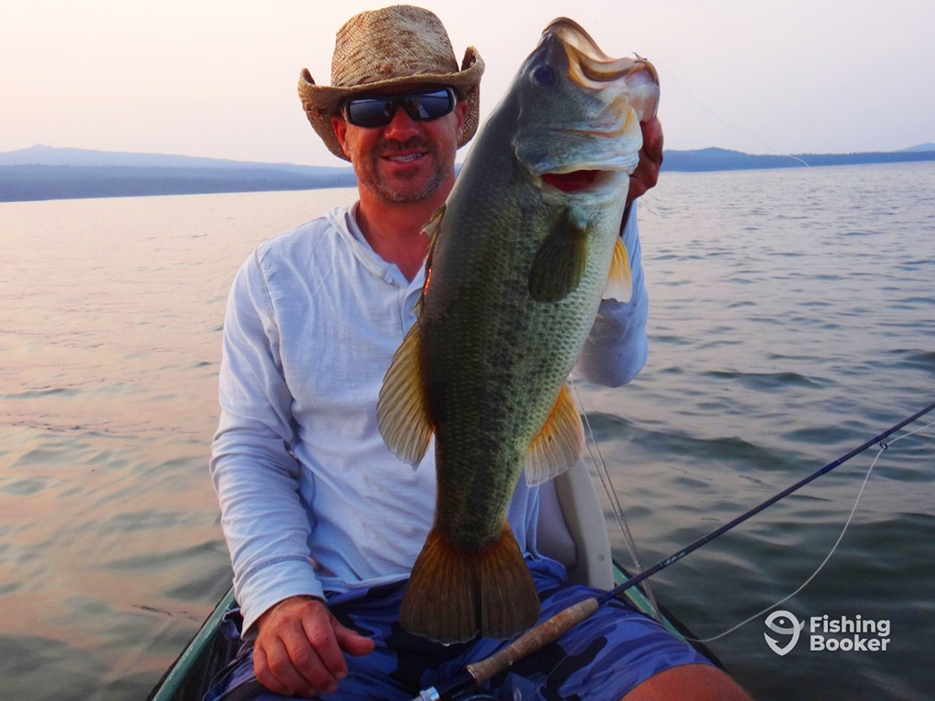 An angler holds a large Largemouth Bass and a fishing rod while sitting aboard a kayak on a lake in Oregon