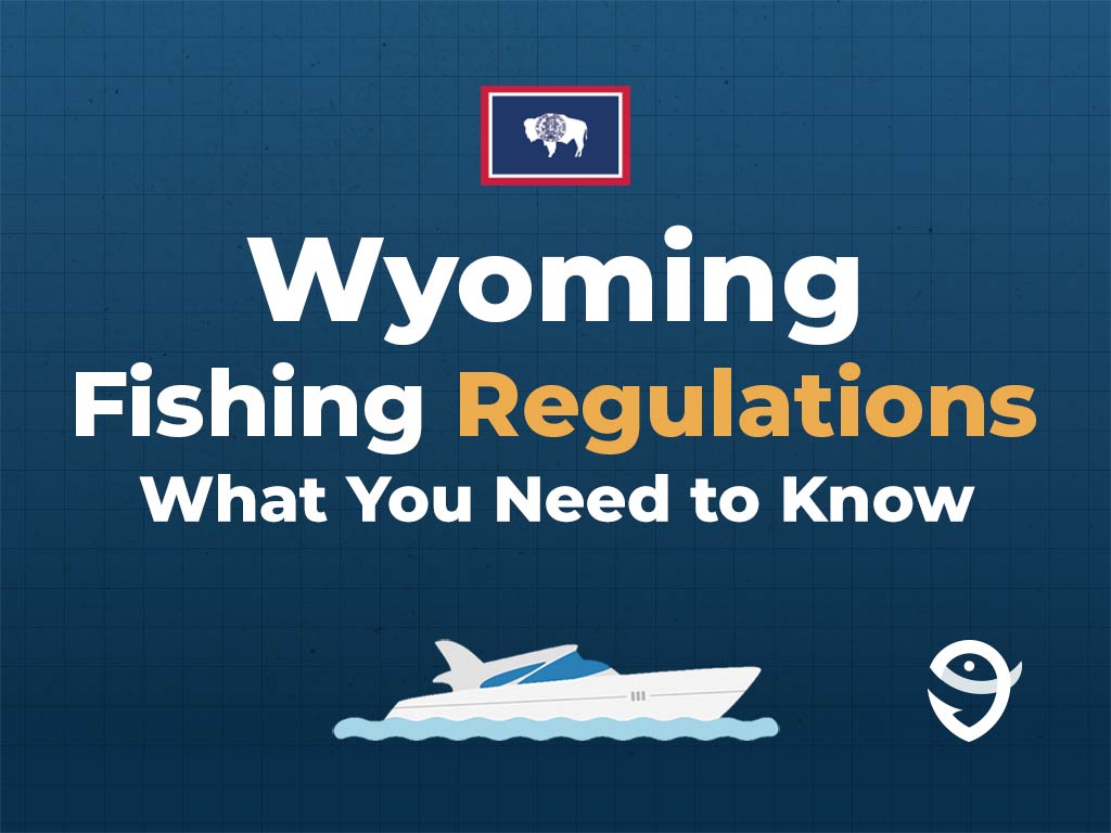 An infographic featuring the flag of Wyoming, a vector of a boat, and the FishingBooker logo, along with text stating "Wyoming Fishing Regulations: What You Need to Know" against a blue background