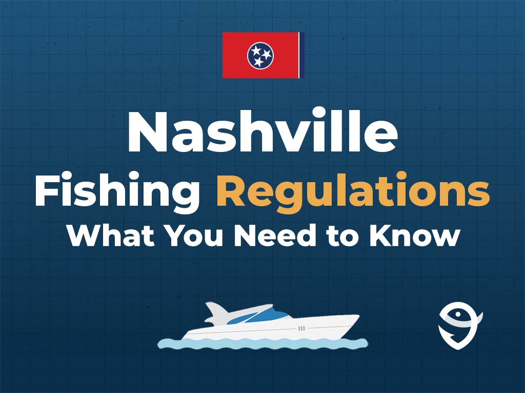 An infographic featuring the flag of Tennessee, a vector of a boat, and the FishingBooker logo, along with text stating "Nashville Fishing Regulations: What You Need to Know" against a blue background