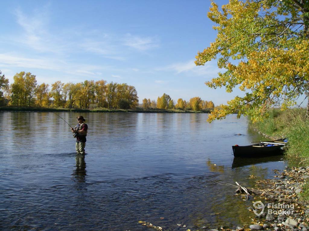 A man stands in river holding a fishing rod on an autumnal day with his boat moored at the river bank behind him