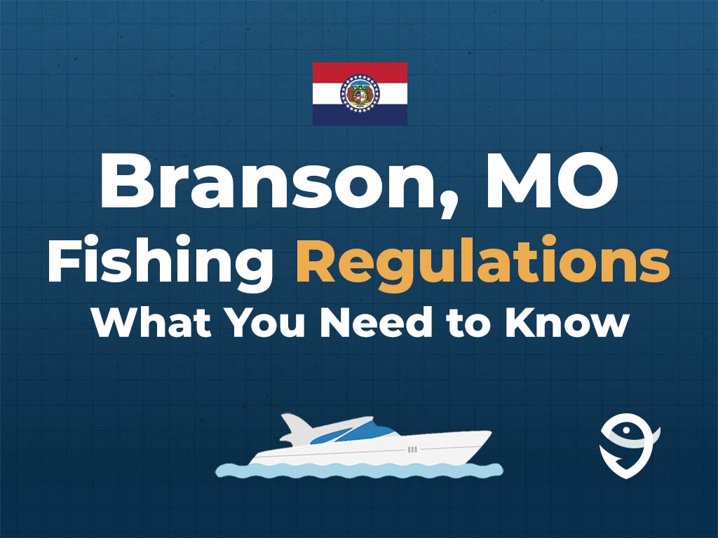 An infographic featuring the flag of Missouri, a vector of a boat, and the FishingBooker logo, along with text stating "Branson Fishing Regulations: What You Need to Know" against a blue background