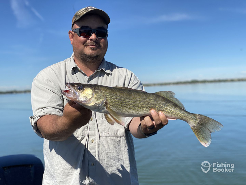 An angler in sunglasses and a baseball cap holds a Walleye while standing on a boat on a lake which is out of focus behind him