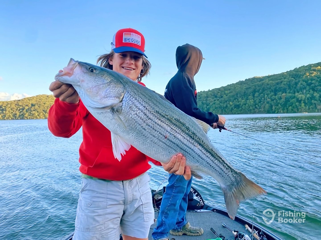 An angler smiles as they hold up a large Striped Bas with another angler standing behind them on the same boat, fishing into a lake lined with trees