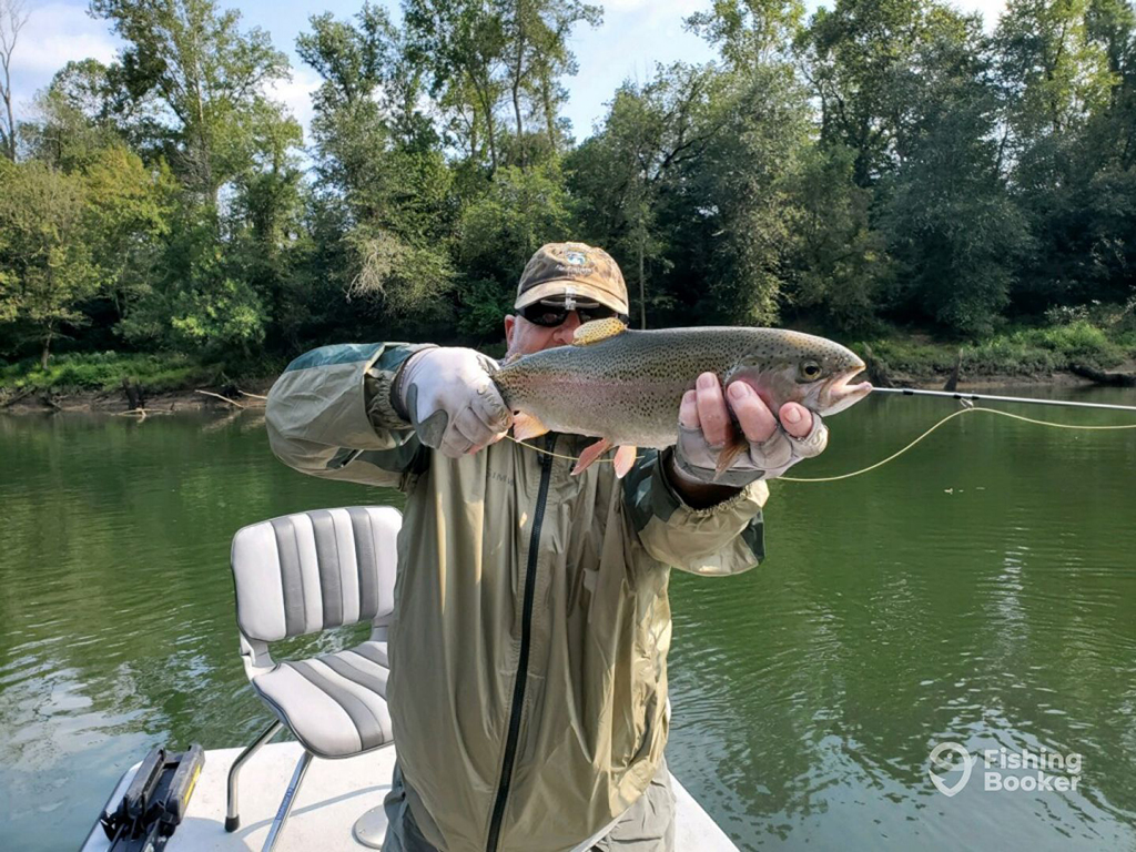 An angler holds a Rainbow Trout up towards the camera, partially obscuring his face, with fly rod, river, and tree-lined bank visible in the background