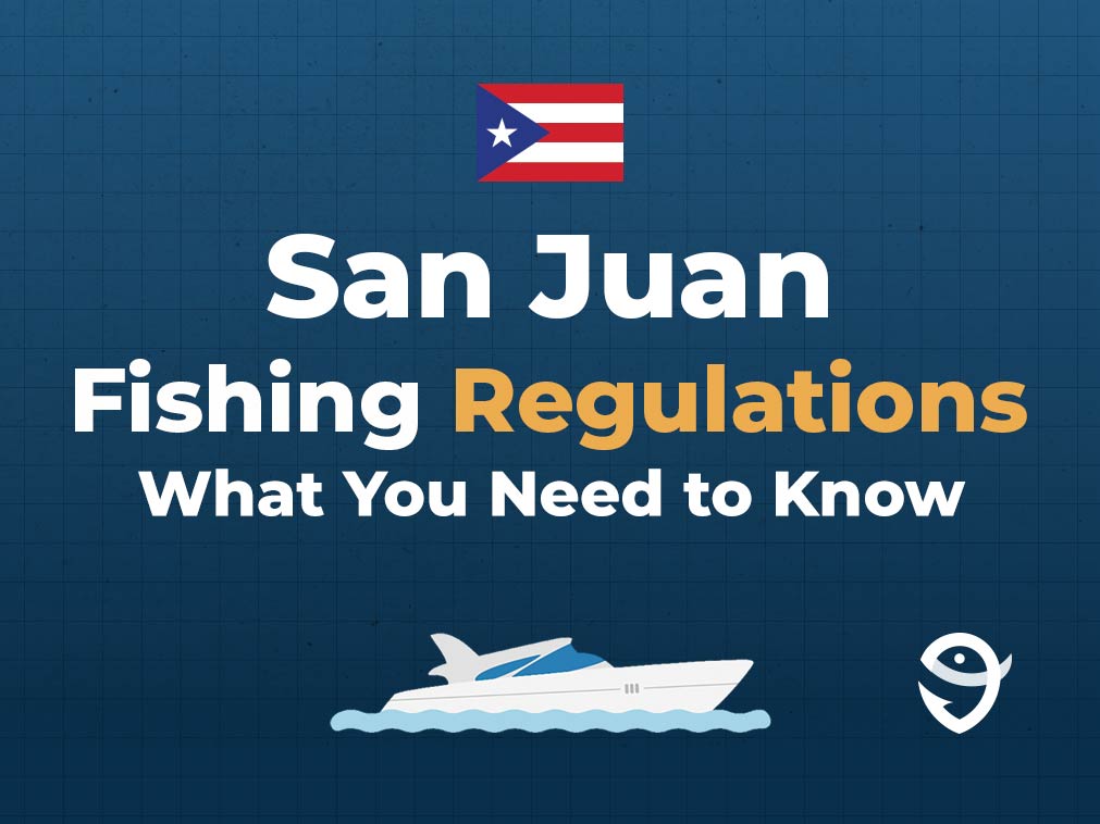 An infographic featuring the flag of Puerto Rico, a vector of a boat, and the FishingBooker logo, along with text stating "San Juan Fishing Regulations: What You Need to Know" against a blue background