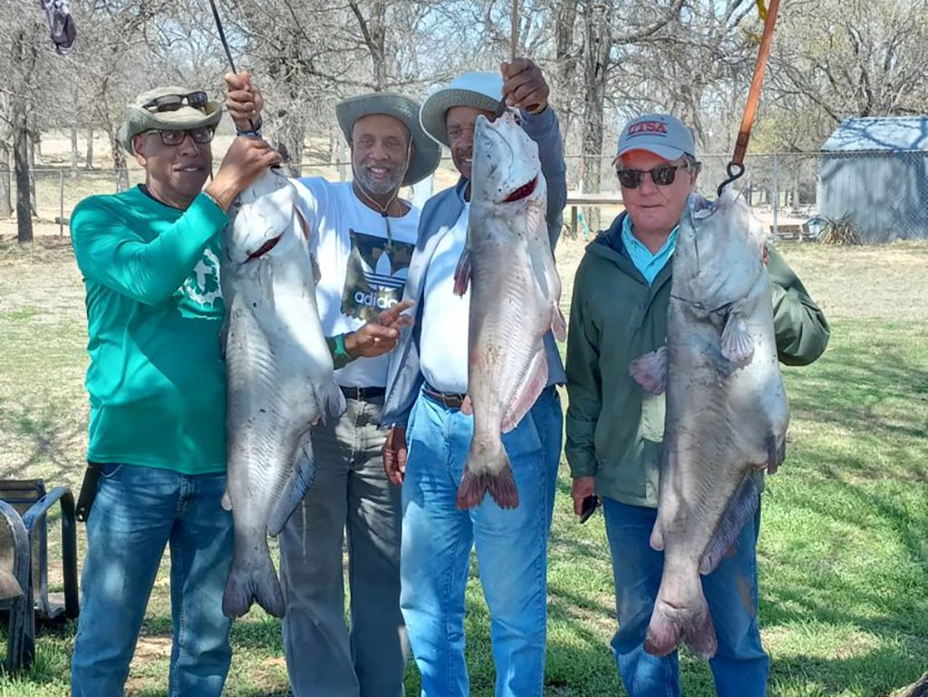 A group of middle-aged male anglers hold a Catfish each back on druy land after a successful fishing trip in Kingston, OK, on a sunny day