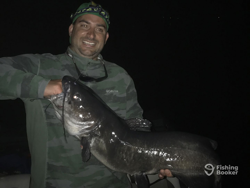 A happy angler holding a large Catfish at nighttime