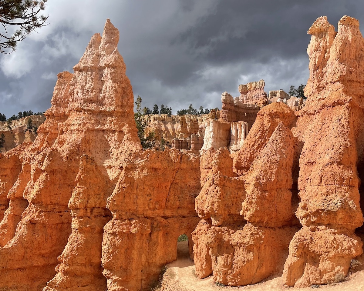 Hoodoos along the Queens Garden Trail in Bryce Canyon National Park with a tunnel inside of a fin.