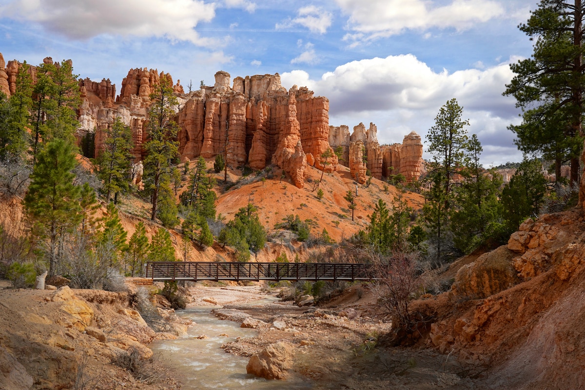 Bridge going across a River flowing through Bryce Canyon on the Mossy Cave Trail