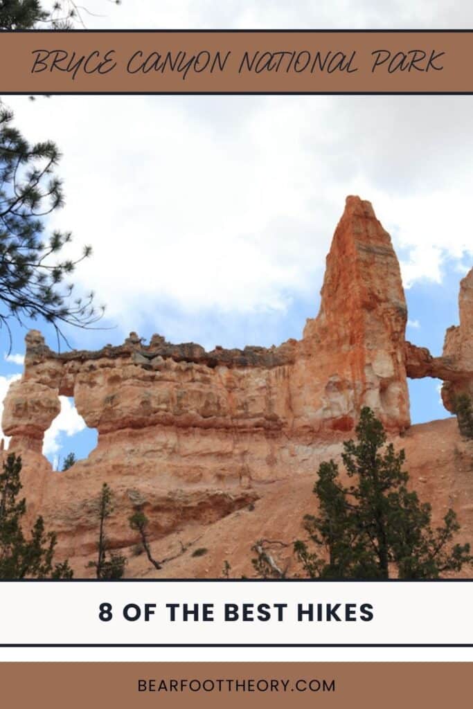 Pinterest image showing Tower Bridge rock formation on a trail in Bryce Canyon National Park.