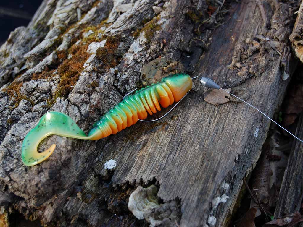 A closeup of a colorful lure set up on a Texas rig, lying on a piece of bark