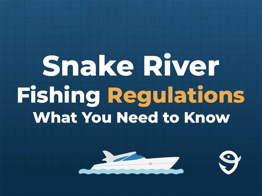 An infographic featuring a vector of a boat, the FishingBooker logo, along with text stating "Snake River Fishing Regulations: What You Need to Know" against a blue background
