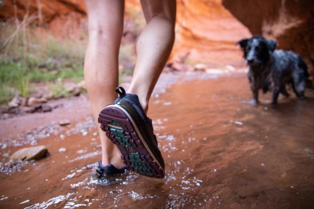 Astral T1 water shoes on Mary Jane Falls hike. Hiker is walking through a wet canyon and there is a dog in the background