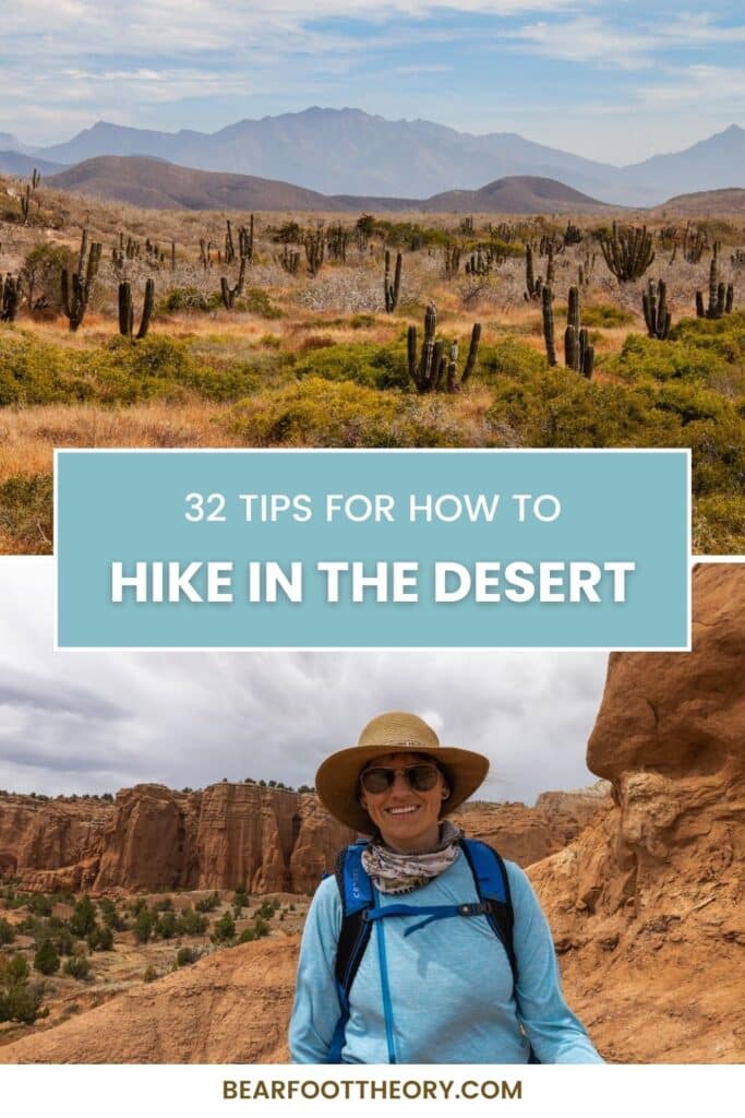 Pinnable image for tips for hiking in the desert with a female hiker and red rocks in the desert in the background and cacti with a mountain