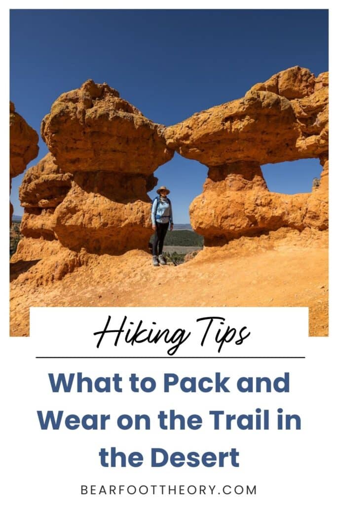 Pinnable image for tips for hiking in the desert with a female hiker and red rocks in the desert in the background