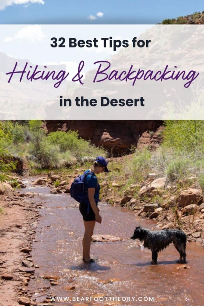 Pinnable image for tips for hiking in the desert with a female hiker and red rocks in the desert in the background