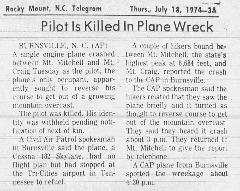 Black Mountain Crest plane crash newspaper article